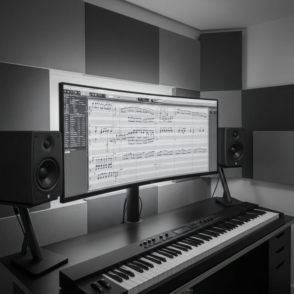 A minimalist, acoustically treated composing studio featuring a large ultra-wide monitor displaying a dense orchestral score, flanked by neutral-colored studio monitors on isolation stands. Beneath, an 88-key weighted MIDI controller with subtly worn keytops suggests intensive use. The walls display geometric acoustic panels in muted grays and deep blues, while discreet LED backlighting adds a soft halo behind the screen. Cool, balanced studio lighting creates even illumination with gentle shadows under the keyboard. Photographic realism, shot from a three-quarter angle with sharp focus throughout, conveys a clean, modern, highly professional atmosphere suited to a contemporary composer active across multiple genres.