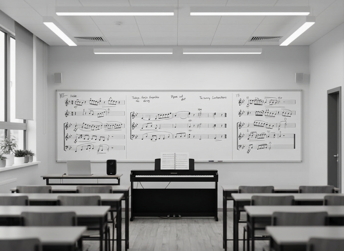 A pristine university-style classroom focused on a large whiteboard filled with neatly drawn harmonic progressions, orchestration diagrams, and short compositional excerpts, all written in clear black and colored markers. At the front sits a digital piano with a few open scores resting on its music stand, while a small portable speaker and laptop suggest multimedia teaching. Rows of empty, orderly desks recede into soft focus. Bright but diffused ceiling lighting ensures even illumination without glare, while a side window adds a hint of natural softness. Photographic realism, shot from the back of the room using a moderate depth of field, conveys an organized, professional educational setting emphasizing composition and theory instruction.