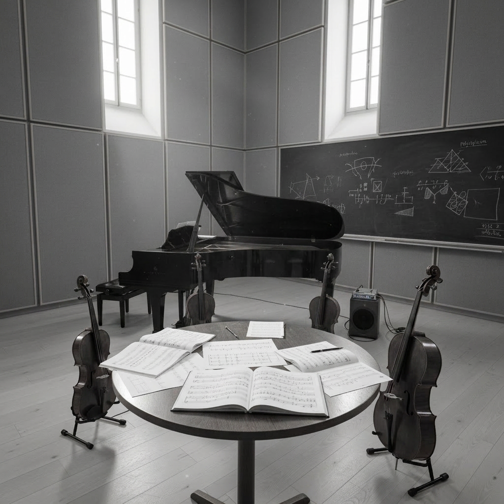 A circular arrangement of carefully placed chamber music instruments—string quartet setup with violin, viola, cello, and a gleaming grand piano—surrounds a low central table scattered with annotated scores and analytic diagrams. Nearby, a small speaker and compact audio interface hint at electroacoustic integration. The ensemble sits in a refined rehearsal room with pale wooden floors, muted acoustic wall panels, and a blackboard in the background faintly covered in harmonic analyses and polystylism sketches. Gentle, diffused daylight enters from high windows, creating a serene, exploratory atmosphere. Photographic realism, captured from a slightly elevated wide angle with moderate depth of field, emphasizes collaboration between traditional and experimental practices.
