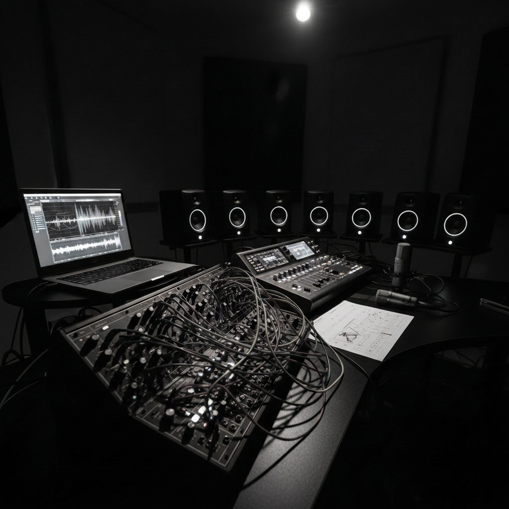 A darkened studio environment showcasing electroacoustic composition tools: a modular synthesizer with patch cables in vibrant colors, a laptop displaying spectral analysis, and a surround array of compact, high-end speakers forming a semicircle around a central control surface. Subtle LED lights from equipment cast colored glows on matte black surfaces, while a single overhead spot creates focused pools of light on the control desk, leaving the background in soft shadow. A printed graphic score and a pair of nearfield microphones rest to one side. Photographic realism, shot from a low, slightly tilted angle to enhance depth and complexity, conveys an experimental yet meticulously controlled atmosphere ideal for interdisciplinary and electroacoustic work.