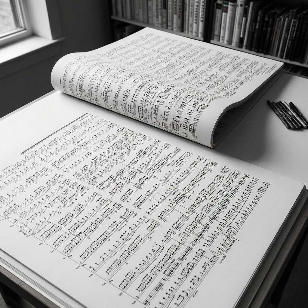 A meticulously notated full orchestral score spread across a large drafting table, pages gently curving and crisply printed with dense, multi-stave textures, detailed dynamics, and color-coded analytic markings highlighting transformative borrowing and polystylistic techniques. Beside it lie transparent overlay sheets with motive maps, a ruler, and color fine-liners. Soft, cool daylight falls from the left, creating precise shadows along the staff lines and emphasizing the paper’s subtle texture. The background fades into slightly blurred shelves of reference scores from different musical eras. Photographic realism, overhead top-down composition with sharp focus across the frame, communicates rigorous, research-based compositional practice.